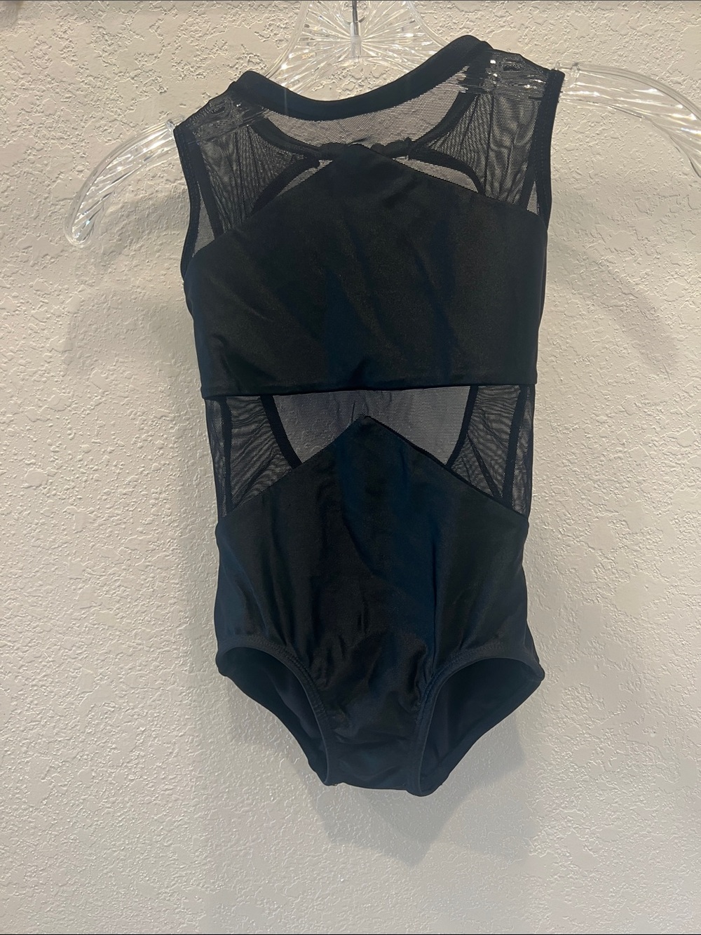 Black Mesh-Panel Kids Dance One-Piece Bodysuit